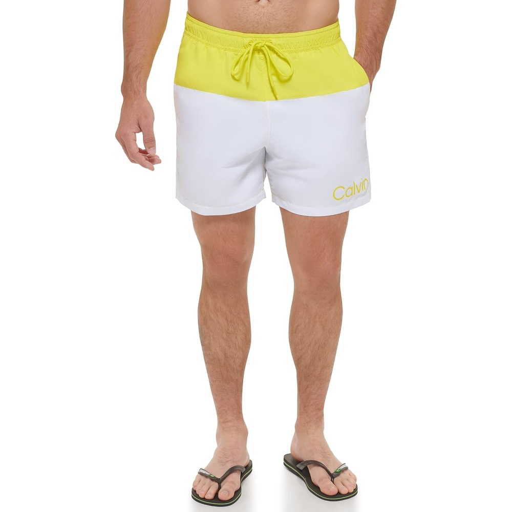image:imageCalvin Klein Mens Standard Uv Protected Quick Dry Drawstring Multicolor Swim TrunkCitrinaWhite