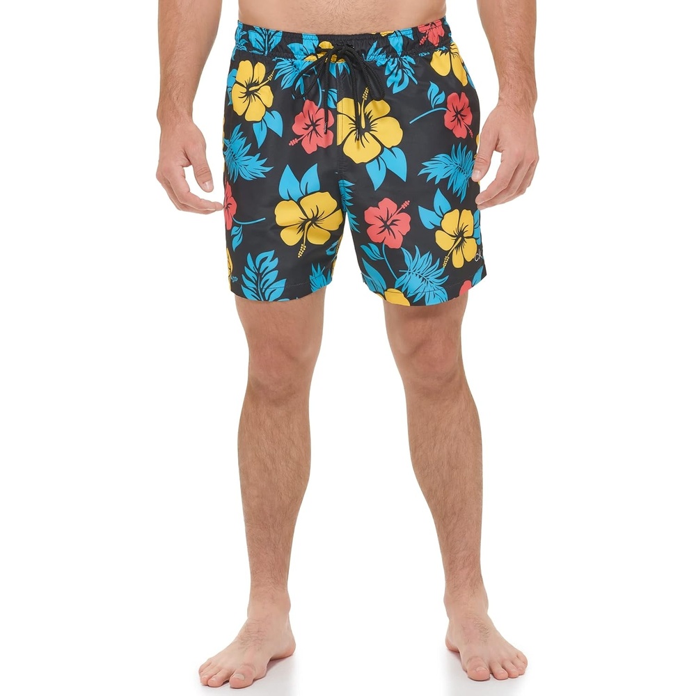 image:imageCalvin Klein Mens Uv Protected Quick Dry Graphic Print Swim TrunkBlack Multi Aloha