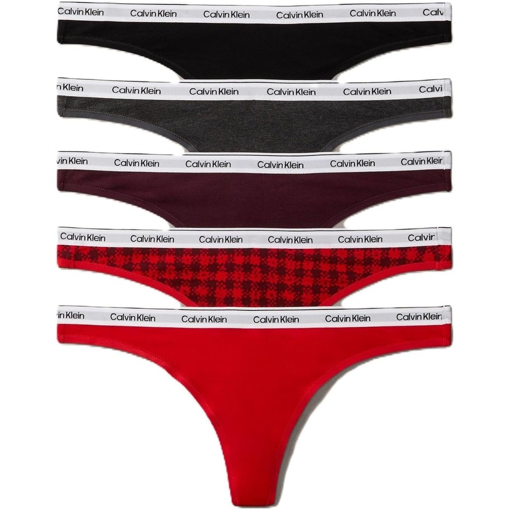 image:imageCalvin Klein Modern Logo Cotton Stretch Thong Panties 5 PackBlotched Plaid and Adrenaline RushBlackAdrenalish RushCharcoal HeatherDark Berry