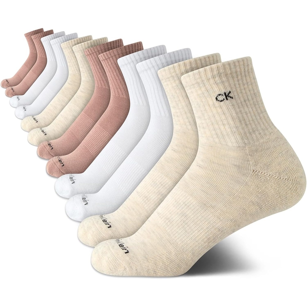 image:imageCalvin Klein Womens High Quarter Socks 12 Pack Terry Cushion Breathable Athletic Crew Socks for Women Shoe Size 410Beige Assorted