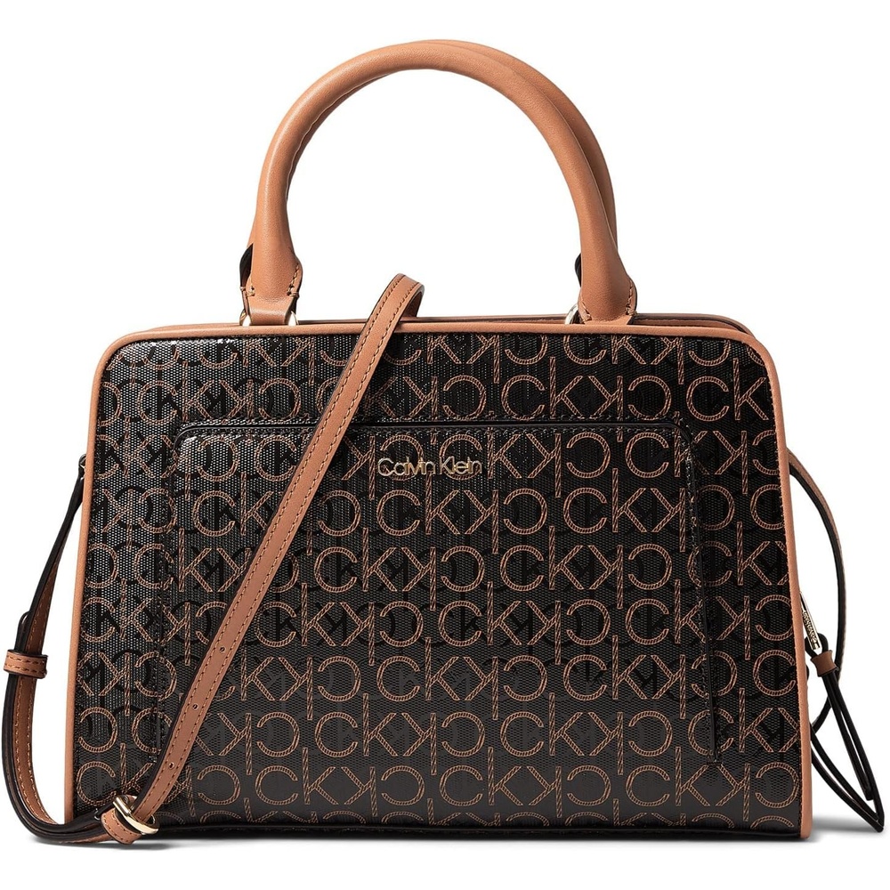 image:imageCalvin Klein Womens Margot Textured Logo Emboss SatchelBrownKhakiCaramel Embossed