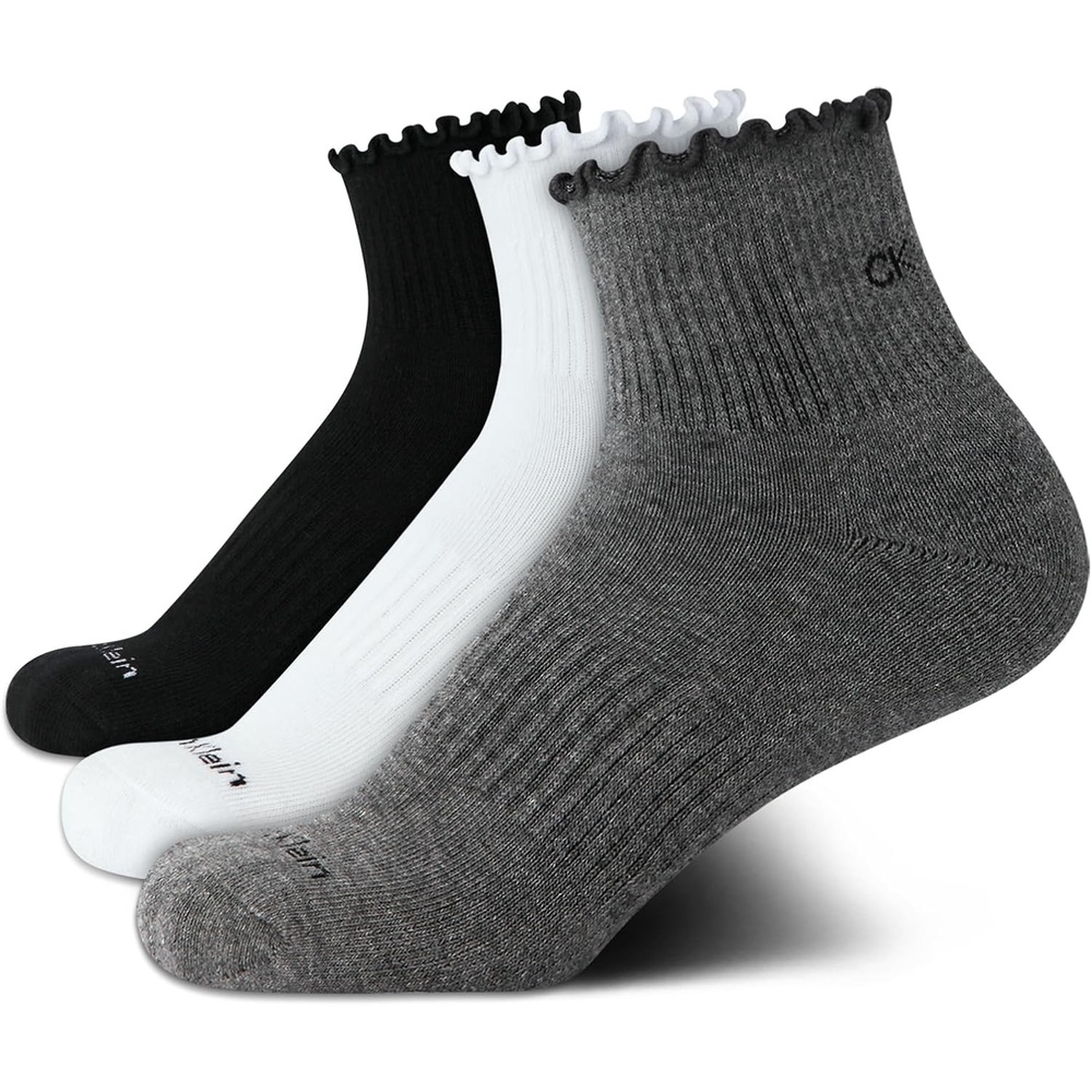 image:imageCalvin Klein Womens Quarter Socks  3 Pack Cotton Blend Cushioned Ruffle Quarter Socks for Women with Lettuce Edge CuffBlack Grey Ruffle