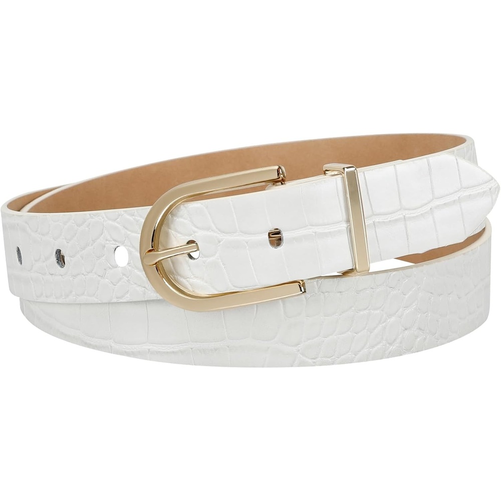 image:imageCalvin Klein Womens Round Buckle Fashion Statement Casual Belt for Jeans TrousersWhite Croc