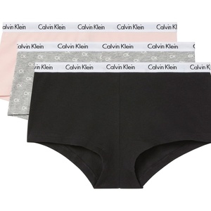 Calvin Klein Carousel Logo Cotton Stretch Boyshort Panties, 3 Pack(Black/Nymph’s Thigh/New All Caps Allover Mini Ck Logo Grey Heather +White)