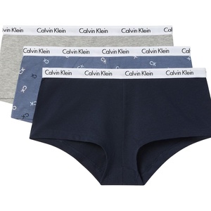 Calvin Klein Carousel Logo Cotton Stretch Boyshort Panties, 3 Pack(Shoreline/Grey Heather/Large Tossed Uppercase Ck Scorched Denim + White)