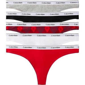 Calvin Klein Modern Logo Cotton Stretch Thong Panties, 5 Pack(Black/Aqua Blue/Grisaille Blue/Goji/Amethyst Cream)