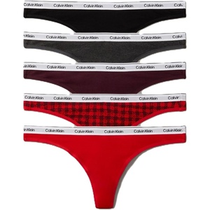 Calvin Klein Modern Logo Cotton Stretch Thong Panties, 5 Pack(Blotched Plaid and Adrenaline Rush/Black/Adrenalish Rush/Charcoal Heather/Dark Berry)
