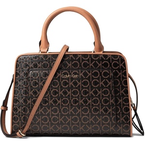 Calvin Klein Women’s Margot Textured Logo Emboss Satchel(Brown/Khaki/Caramel Embossed)