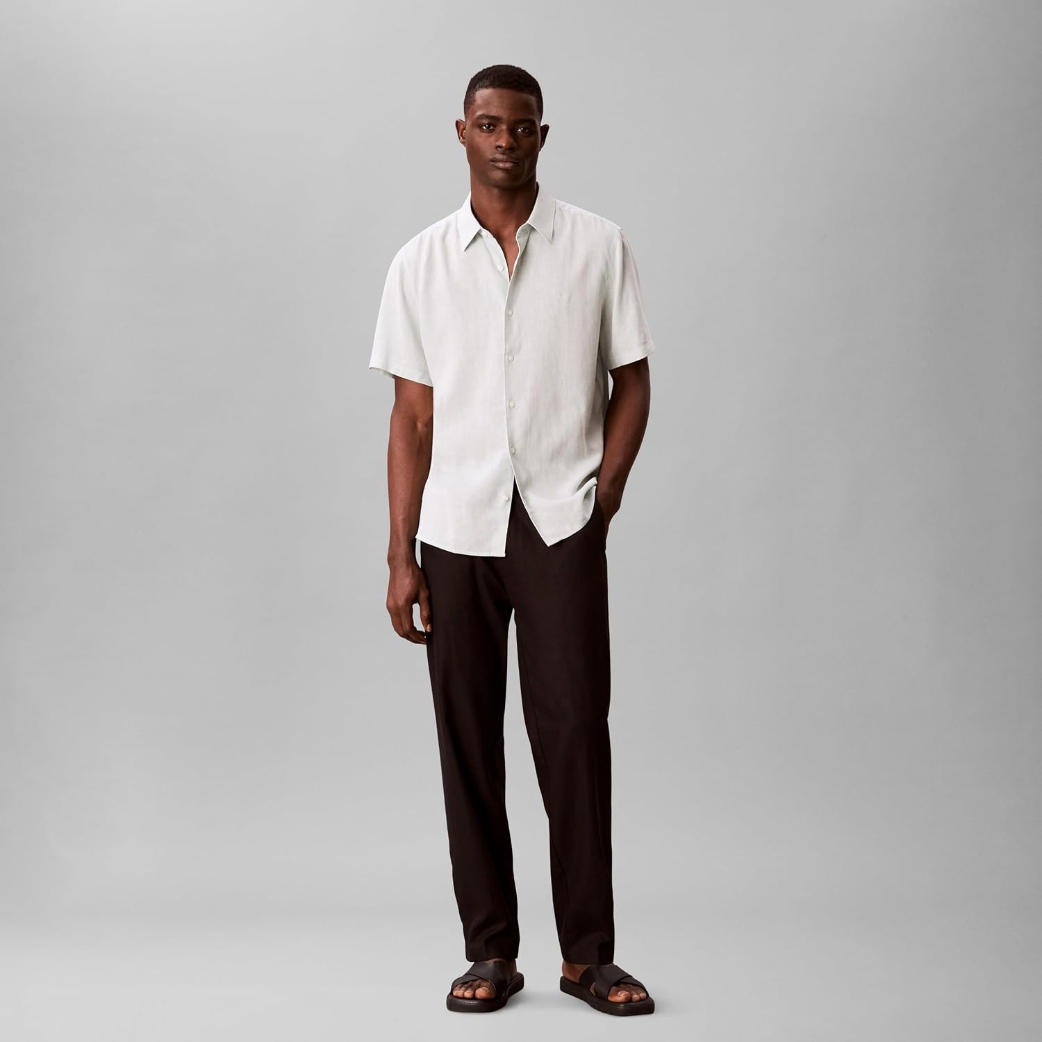 image:imageCalvin Klein Mens Short Sleeve Linen Classic ShirtPale Meadow