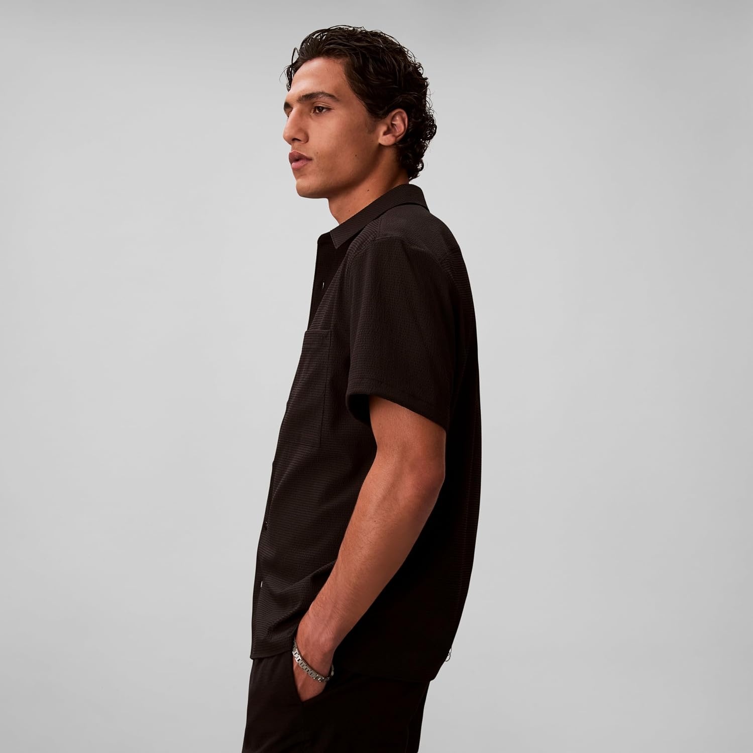 image:imageCalvin Klein Mens Short Sleeve Solid Seersucker Classic ShirtBlack
