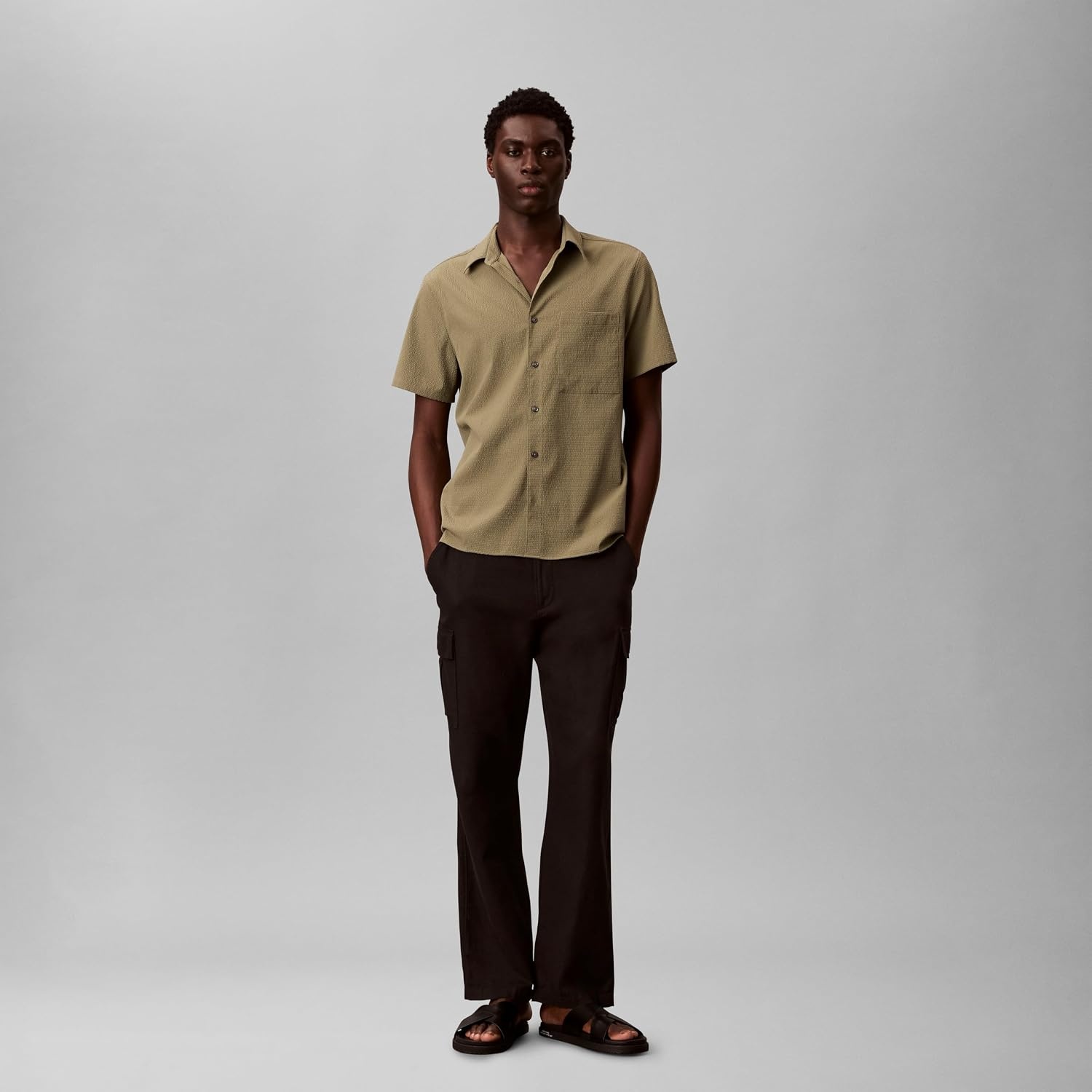 image:imageCalvin Klein Mens Short Sleeve Solid Seersucker Classic ShirtDeep Lichen Green