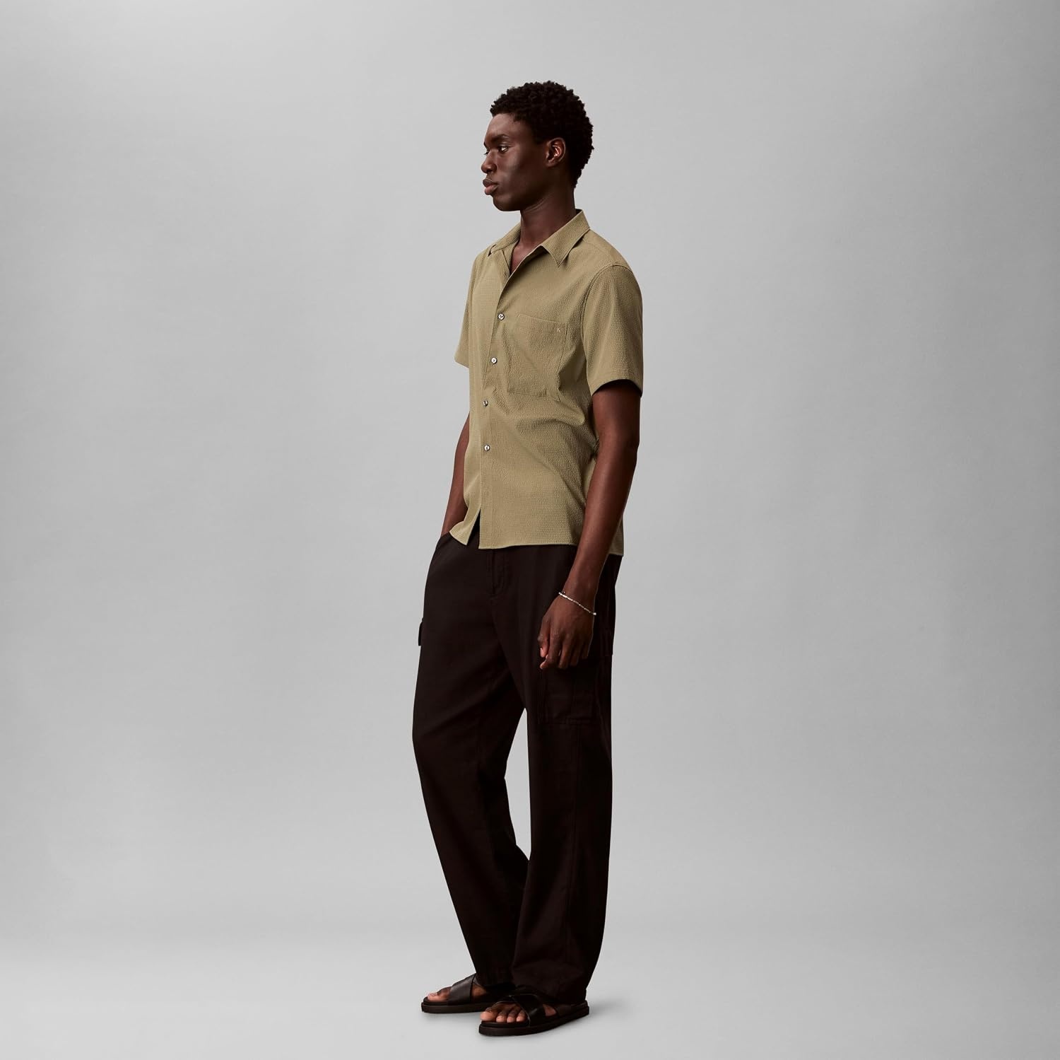 image:imageCalvin Klein Mens Short Sleeve Solid Seersucker Classic ShirtDeep Lichen Green