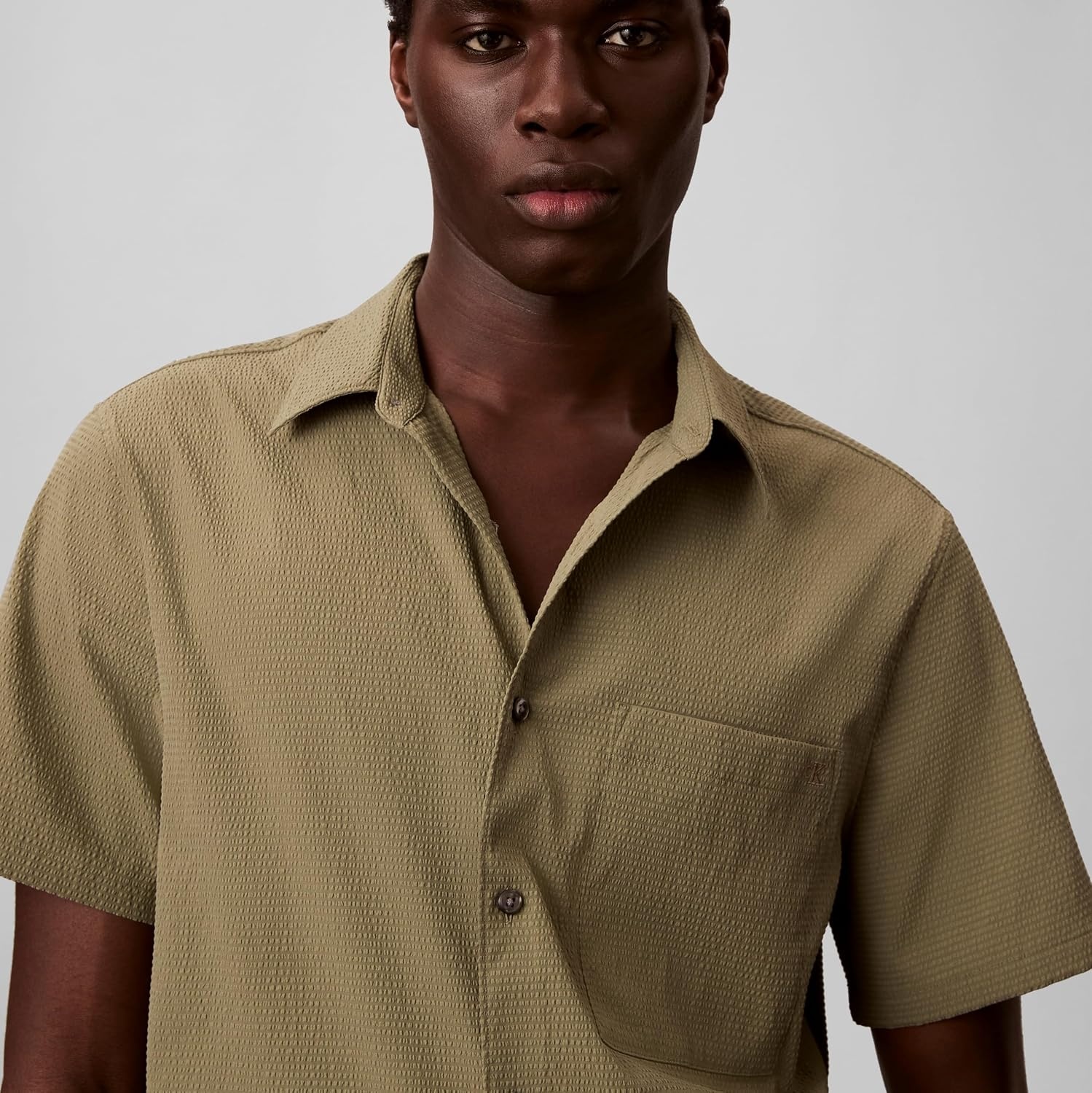 image:imageCalvin Klein Mens Short Sleeve Solid Seersucker Classic ShirtDeep Lichen Green