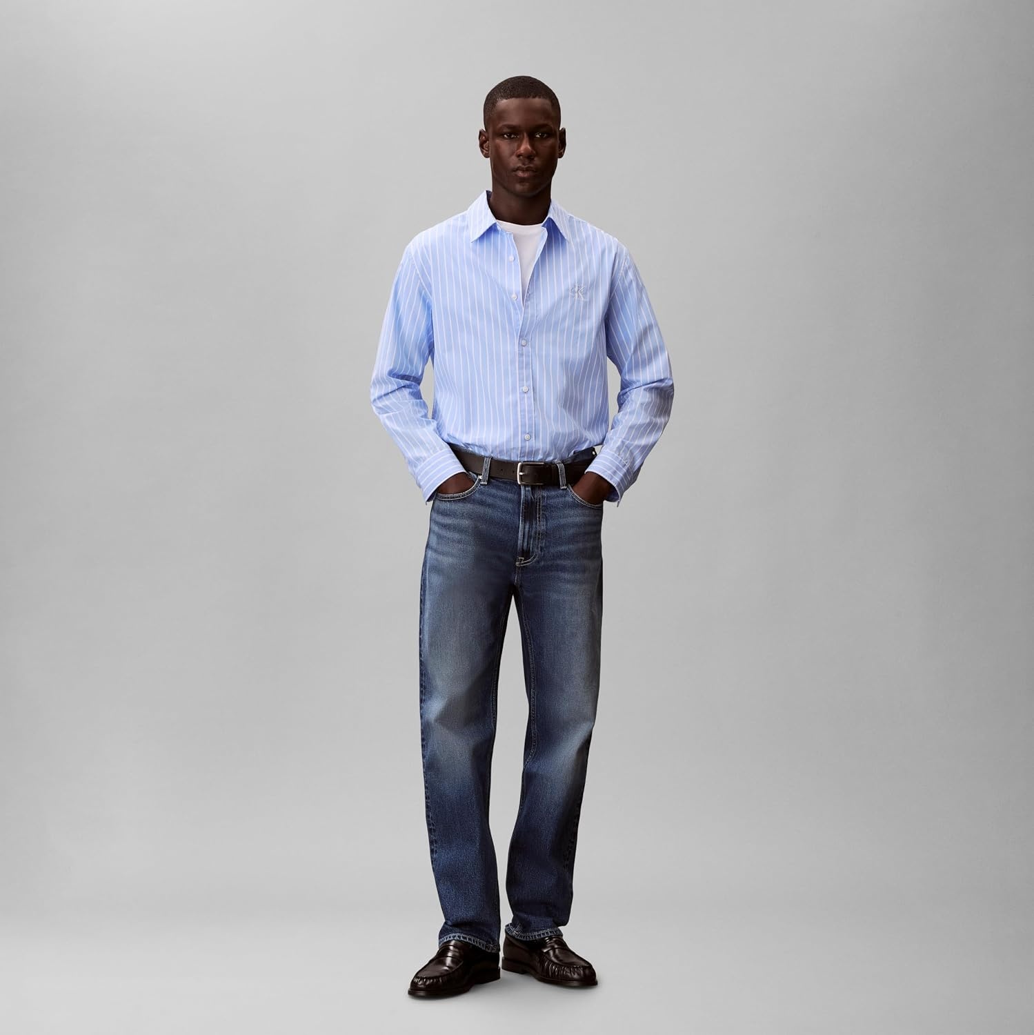 image:imageCalvin Klein Mens Stripe Poplin Relaxed ButtonDown ShirtBlue Descent