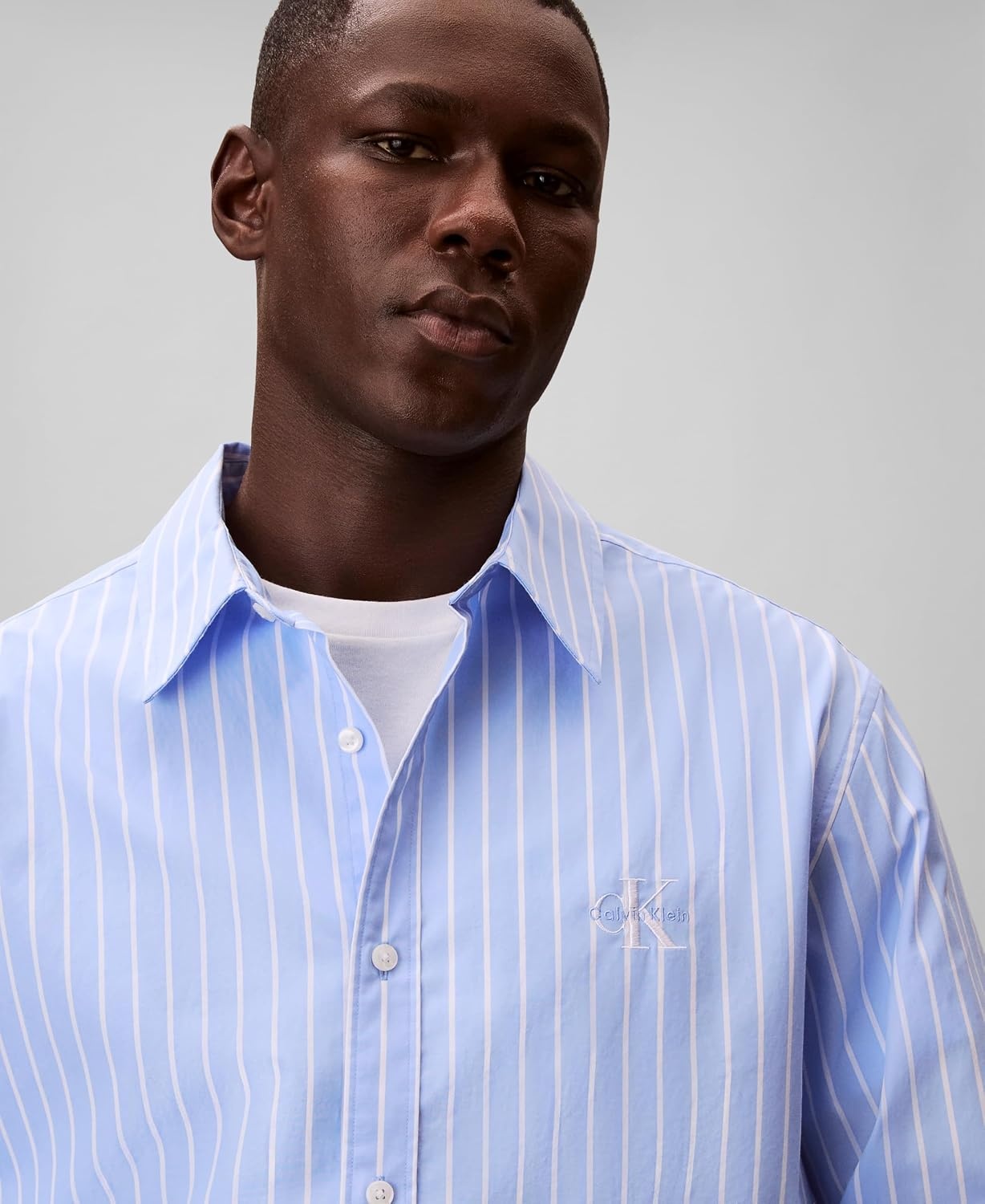 image:imageCalvin Klein Mens Stripe Poplin Relaxed ButtonDown ShirtBlue Descent