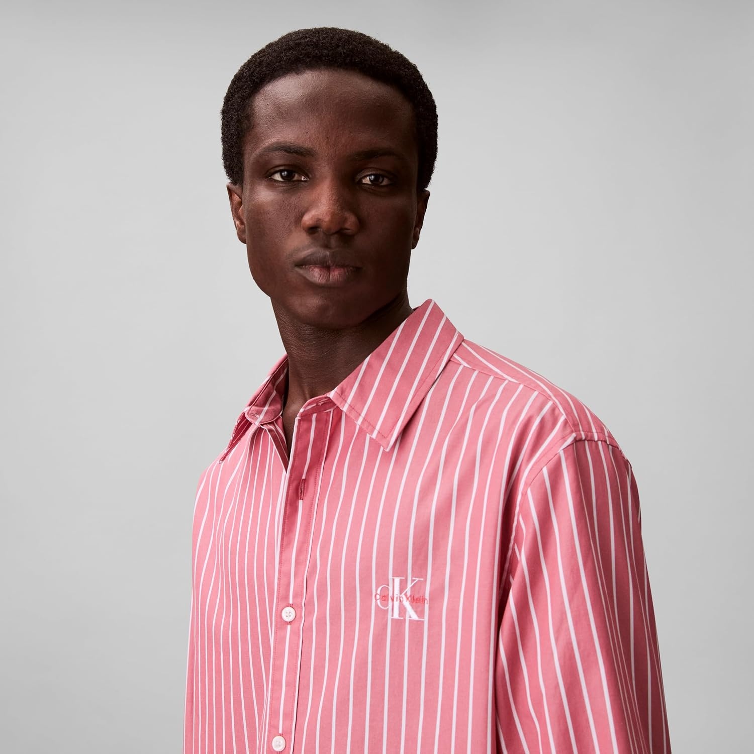 image:imageCalvin Klein Mens Stripe Poplin Relaxed ButtonDown ShirtBrilliant Pink