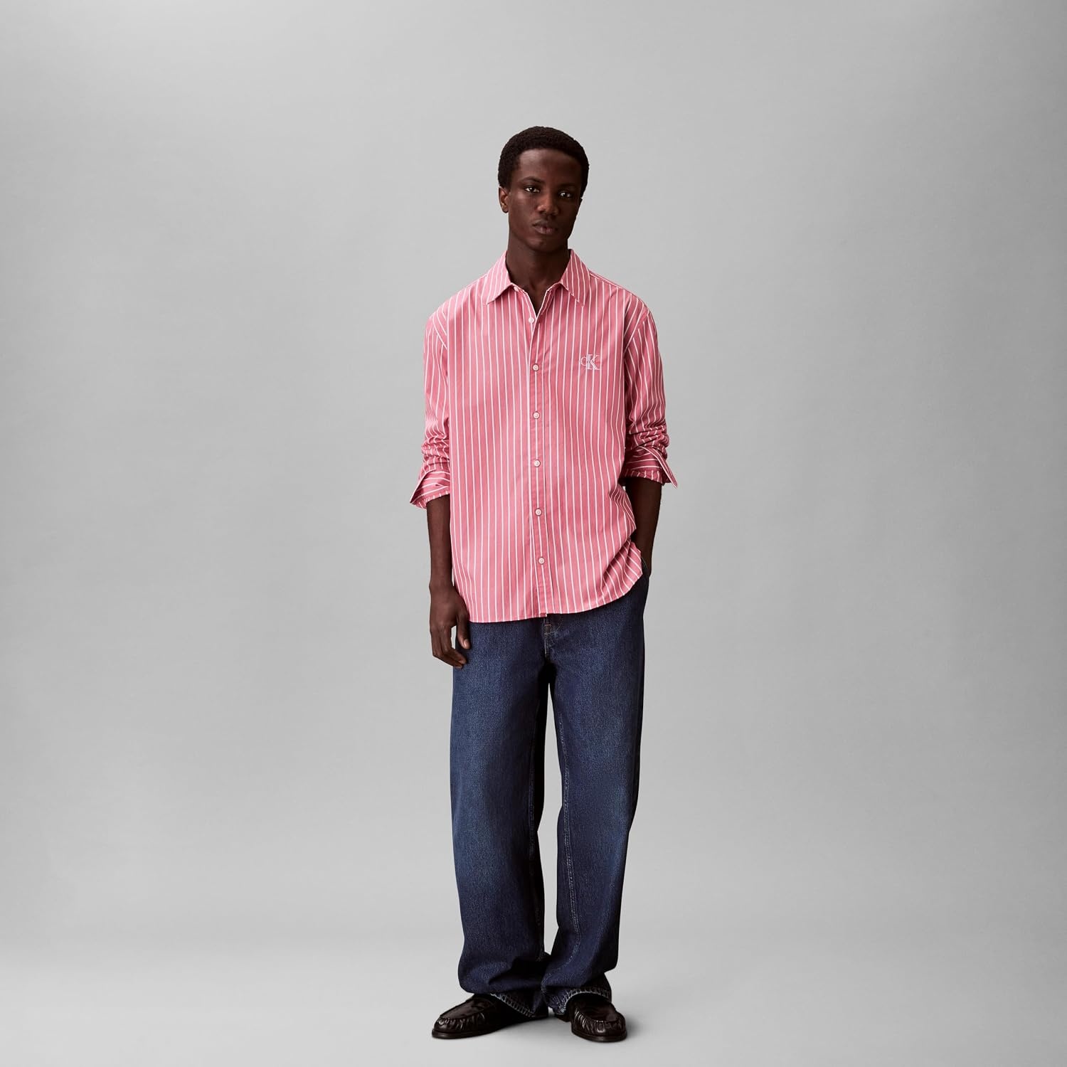 image:imageCalvin Klein Mens Stripe Poplin Relaxed ButtonDown ShirtBrilliant Pink
