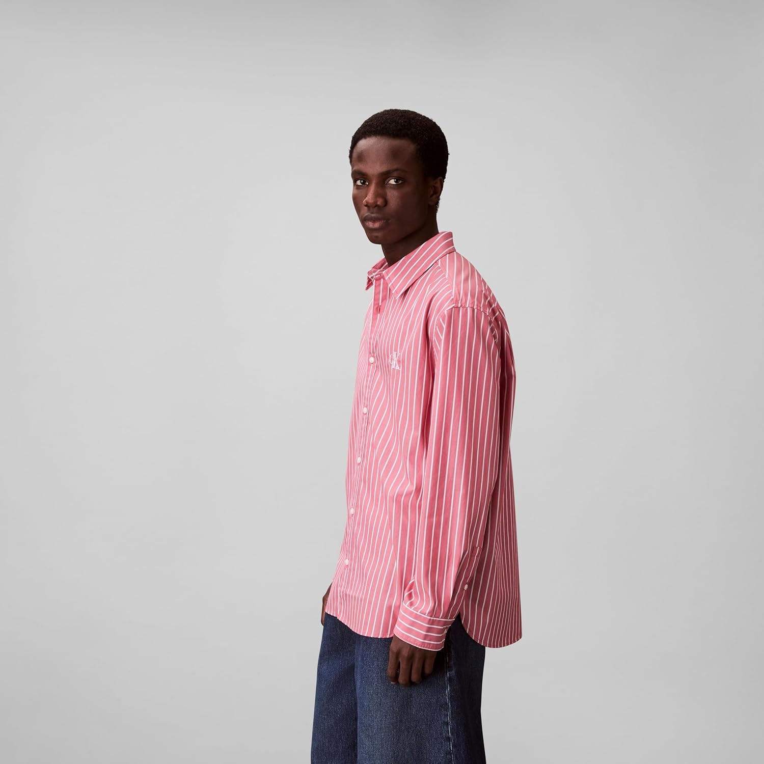 image:imageCalvin Klein Mens Stripe Poplin Relaxed ButtonDown ShirtBrilliant Pink