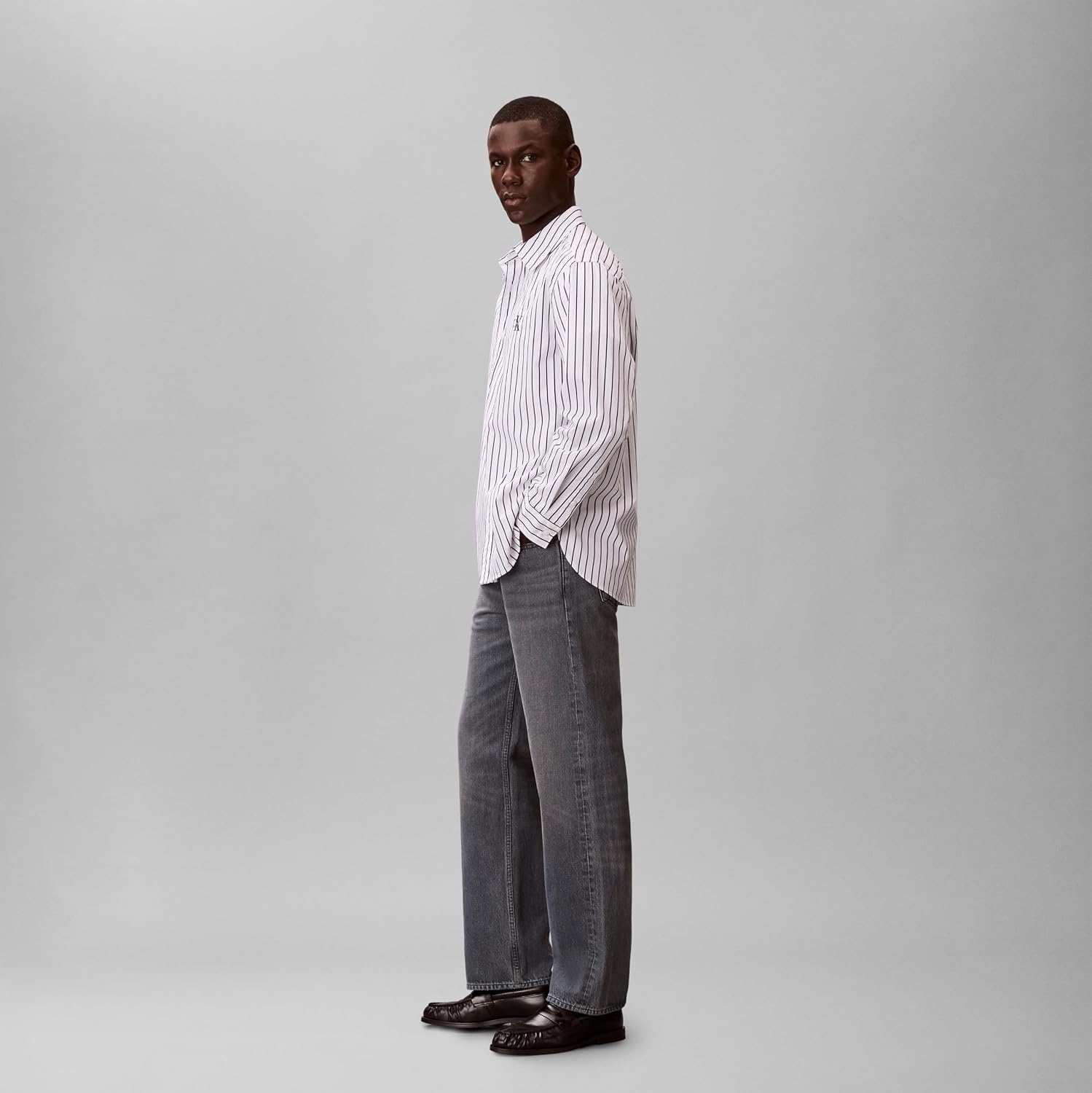 image:imageCalvin Klein Mens Stripe Poplin Relaxed ButtonDown ShirtBrilliant White