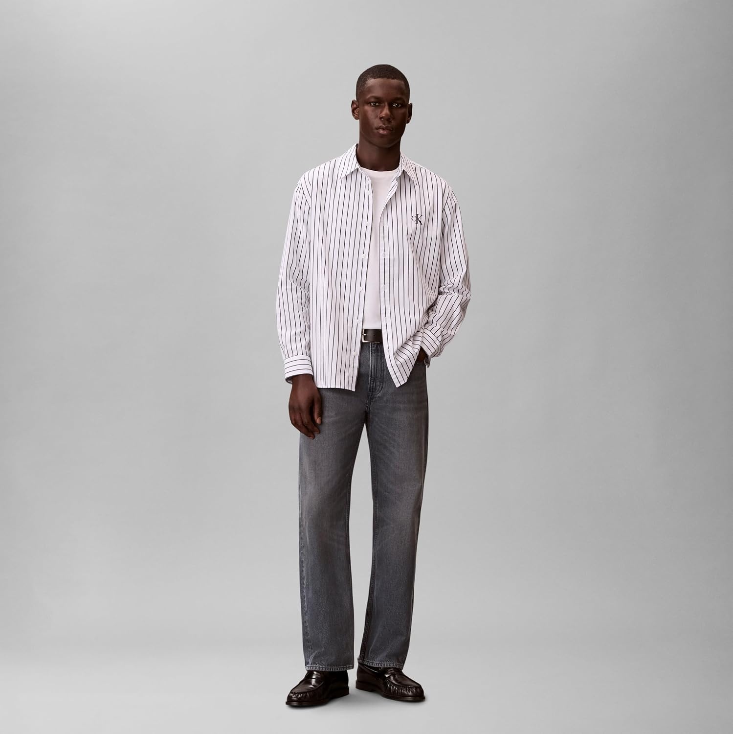 image:imageCalvin Klein Mens Stripe Poplin Relaxed ButtonDown ShirtBrilliant White