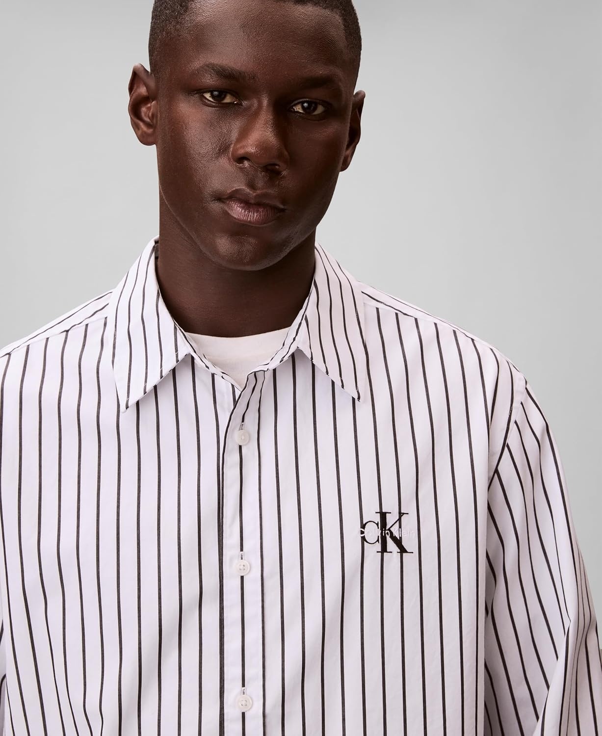 image:imageCalvin Klein Mens Stripe Poplin Relaxed ButtonDown ShirtBrilliant White