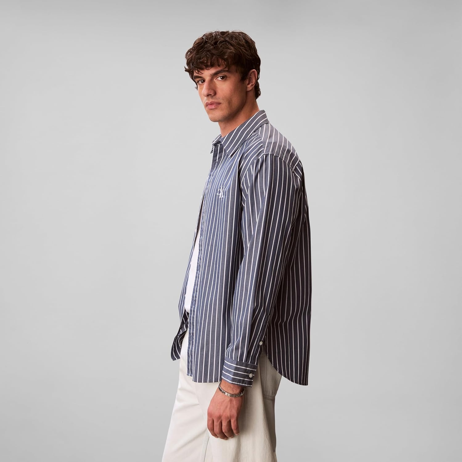 image:imageCalvin Klein Mens Stripe Poplin Relaxed ButtonDown ShirtDark Denim