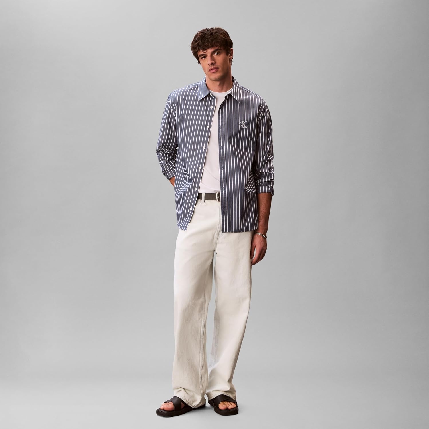 image:imageCalvin Klein Mens Stripe Poplin Relaxed ButtonDown ShirtDark Denim