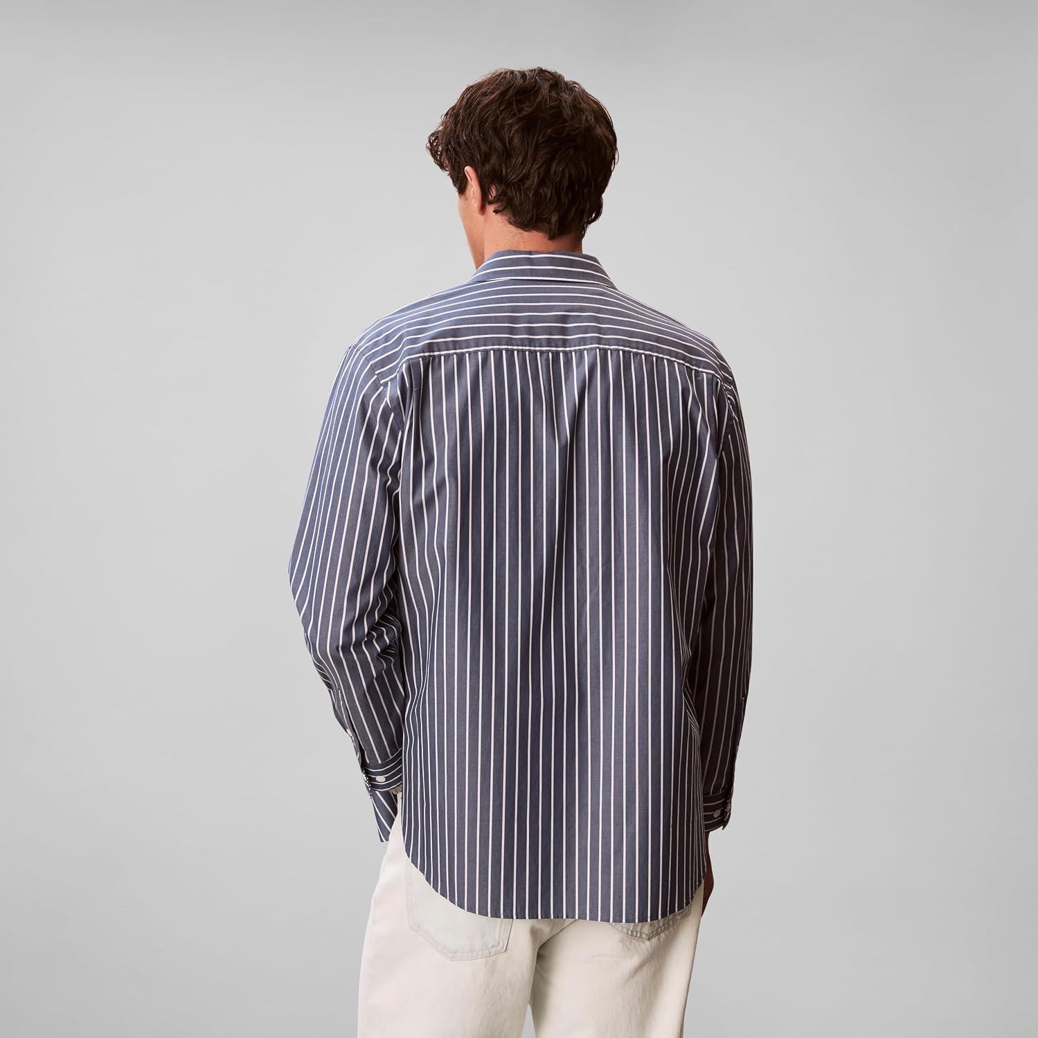image:imageCalvin Klein Mens Stripe Poplin Relaxed ButtonDown ShirtDark Denim
