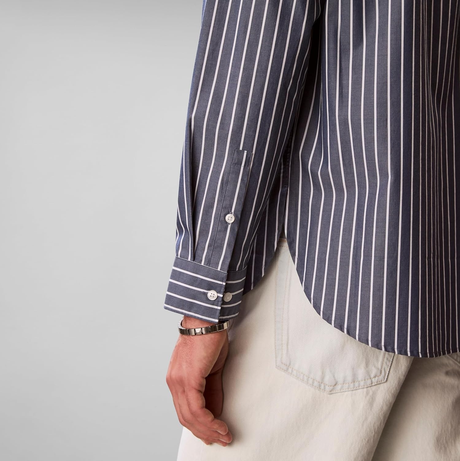 image:imageCalvin Klein Mens Stripe Poplin Relaxed ButtonDown ShirtDark Denim