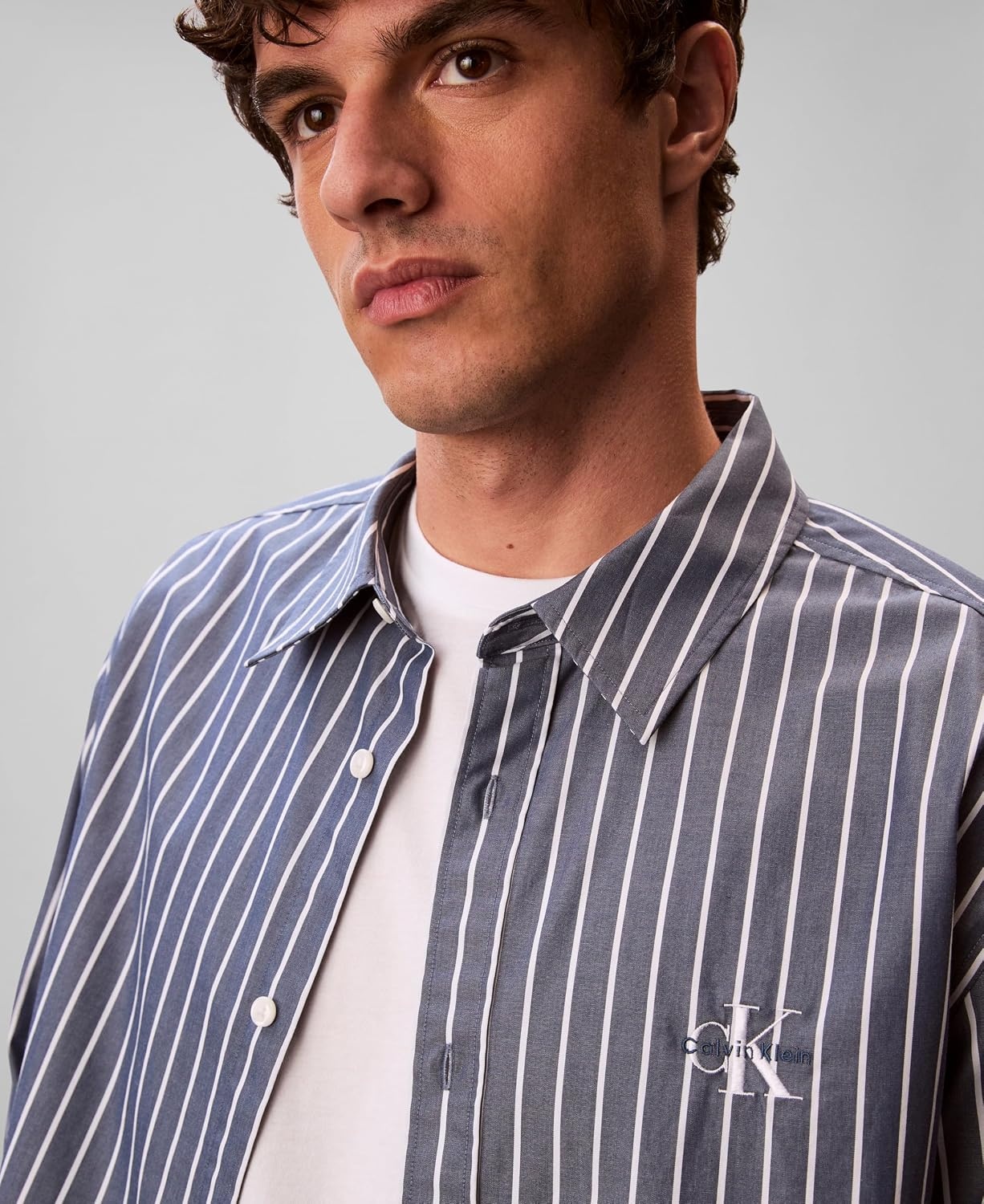 image:imageCalvin Klein Mens Stripe Poplin Relaxed ButtonDown ShirtDark Denim