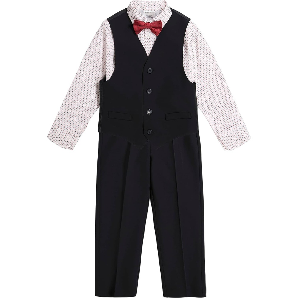 image:imageCalvin Klein Boys 4piece Formal Suit Set Includes Dress Shirt with Bow Tie Suit Vest amp Dress PantsBlackRed