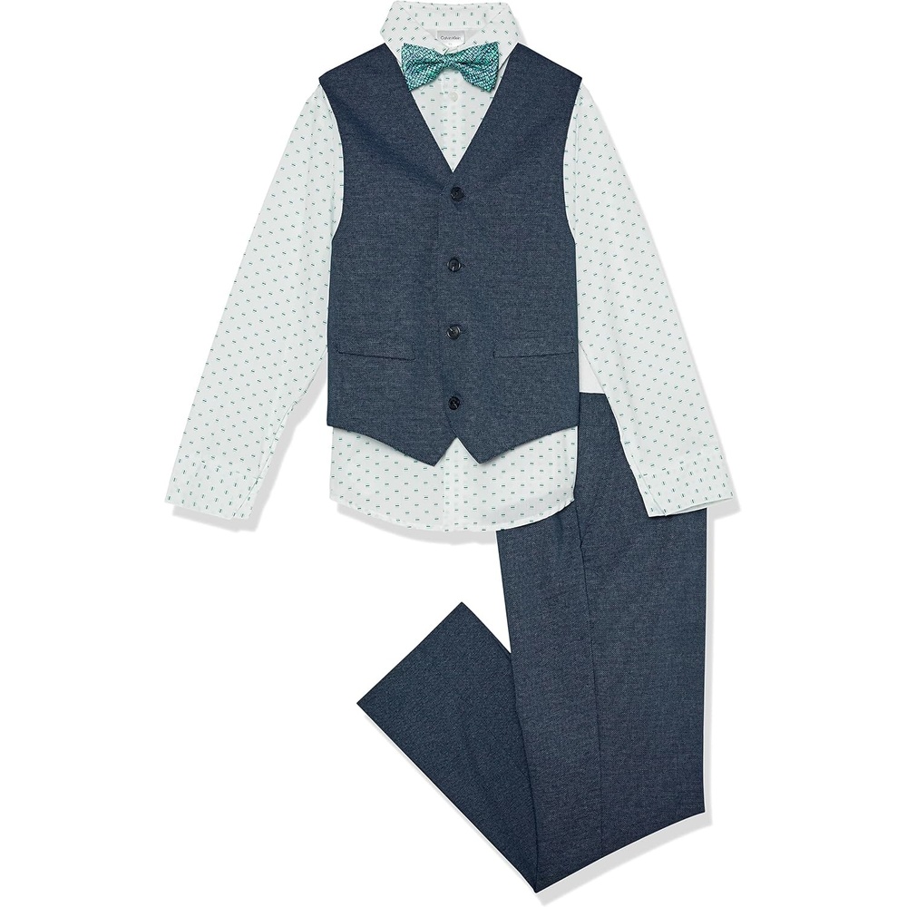 image:imageCalvin Klein Boys 4piece Formal Suit Set Includes Dress Shirt with Bow Tie Suit Vest amp Dress PantsDark BlueTurquoise
