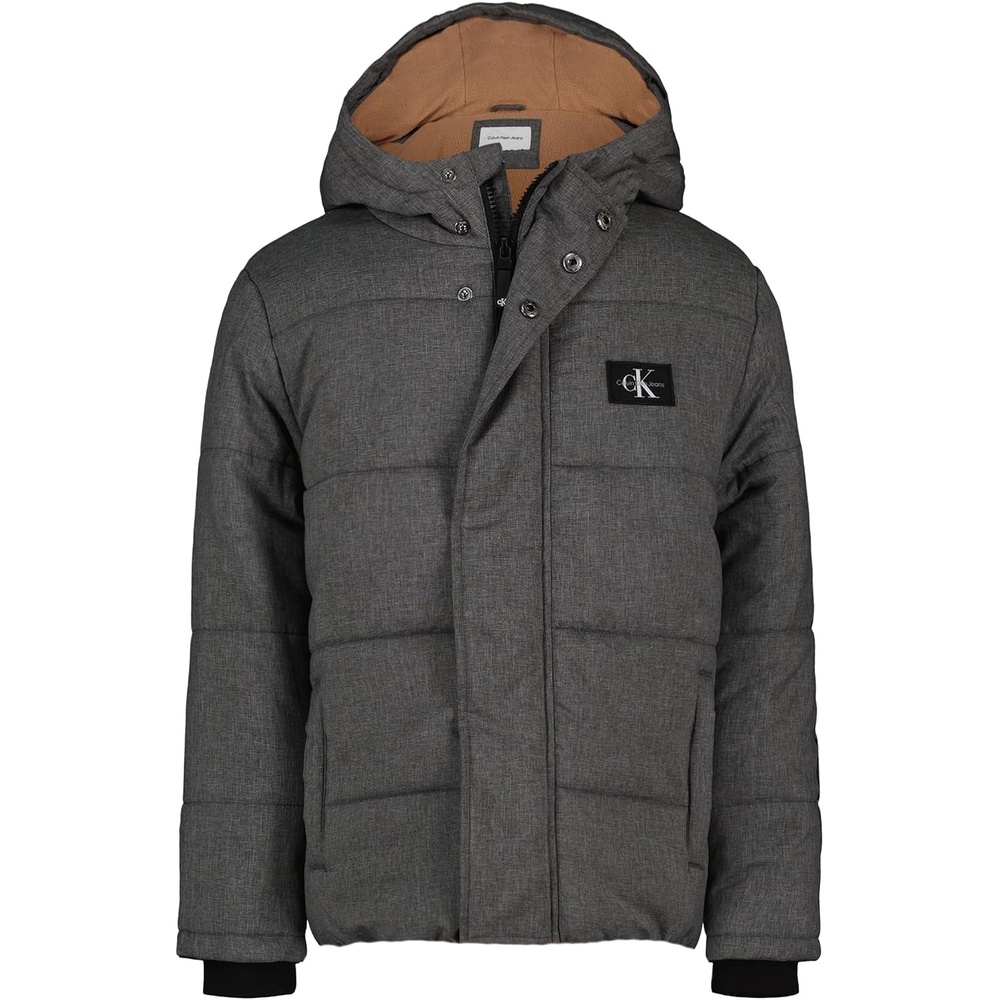 image:imageCalvin Klein Boys Heavyweight Hooded Bubble Jacket With Polar Fleece LiningWordmark Charcoal Heather