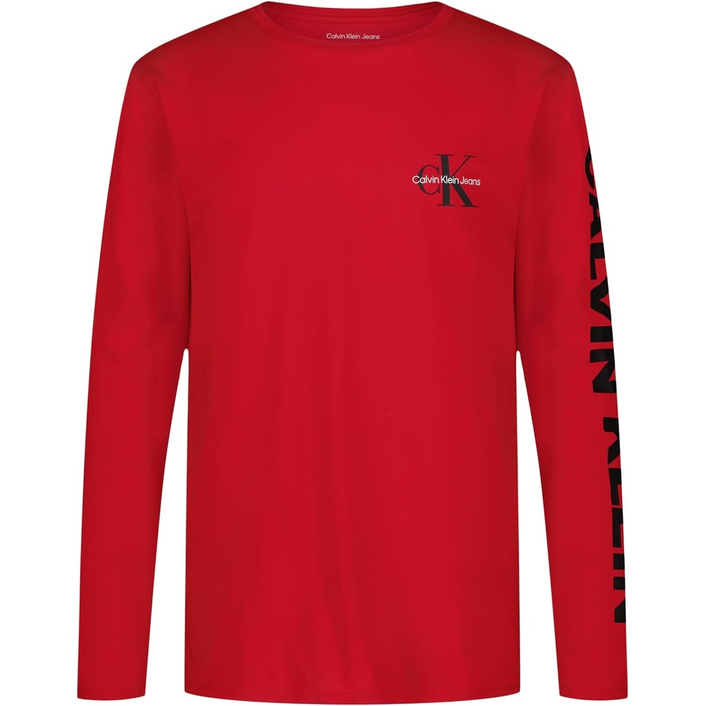 image:imageCalvin Klein Boys Long Sleeve Crew Neck TShirt Soft Comfortable Relaxed FitBold Sleeve Racing Red