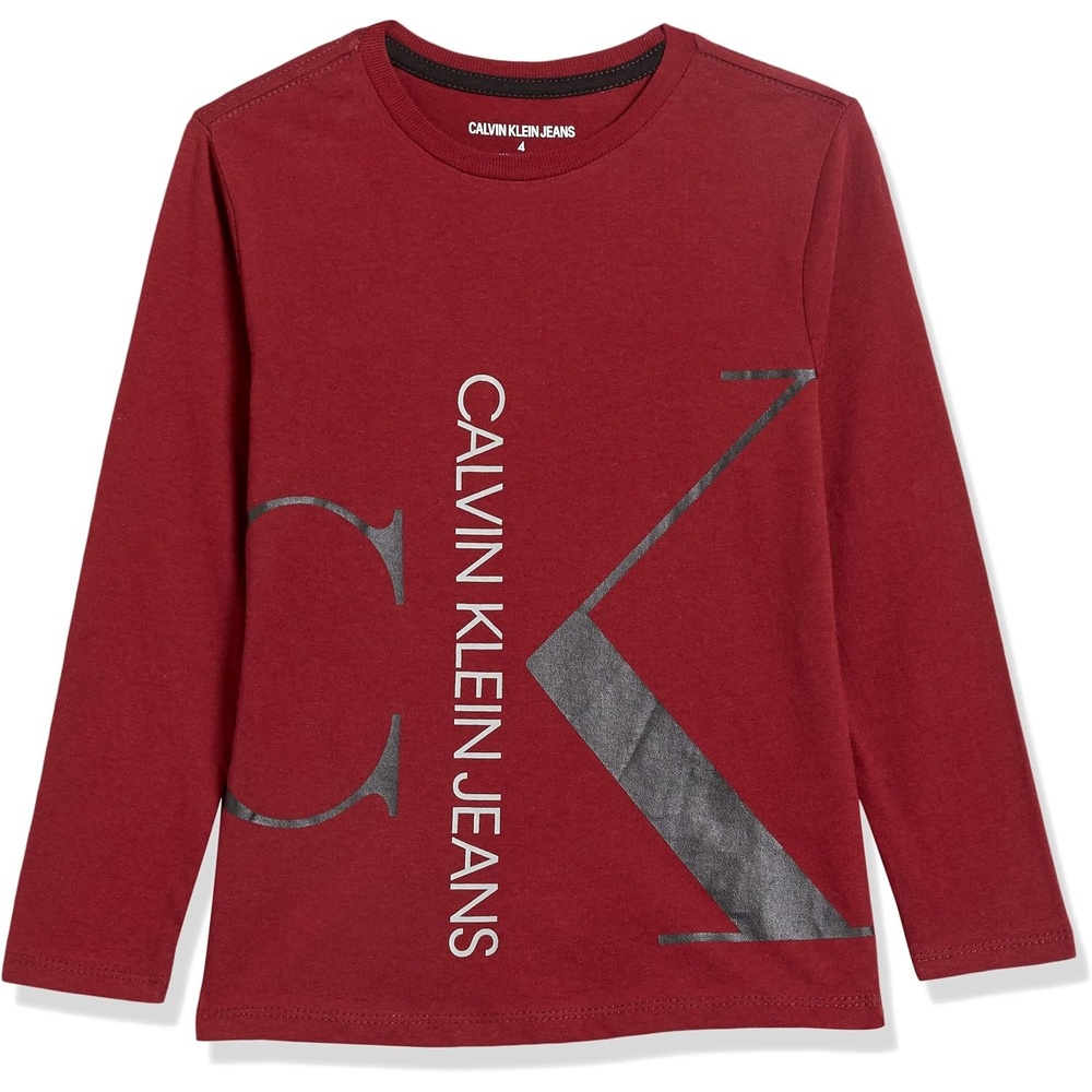 image:imageCalvin Klein Boys Long Sleeve Crew Neck TShirt Soft Comfortable Relaxed FitSplit Logo Cabernet