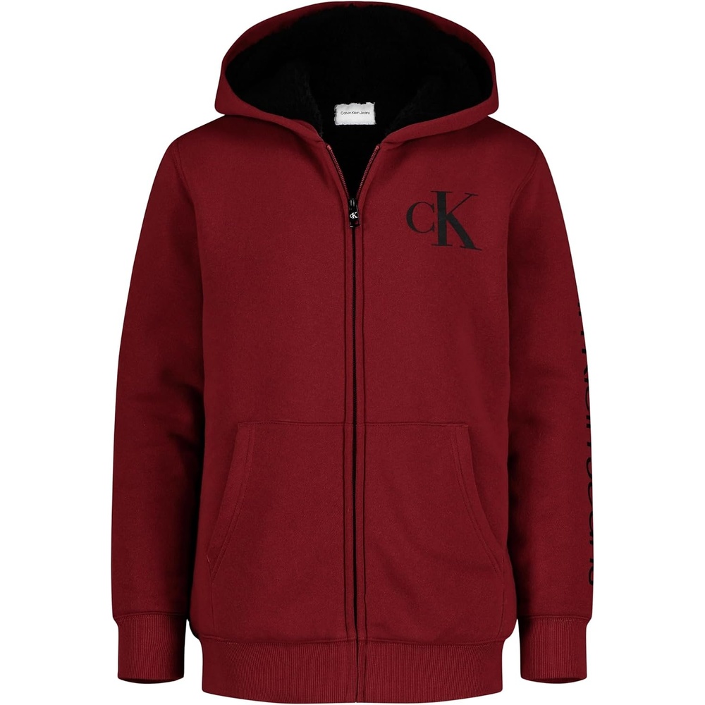 image:imageCalvin Klein Boys Long Sleeve Full Zip Fleece HoodieSherpalined Red Dahlia