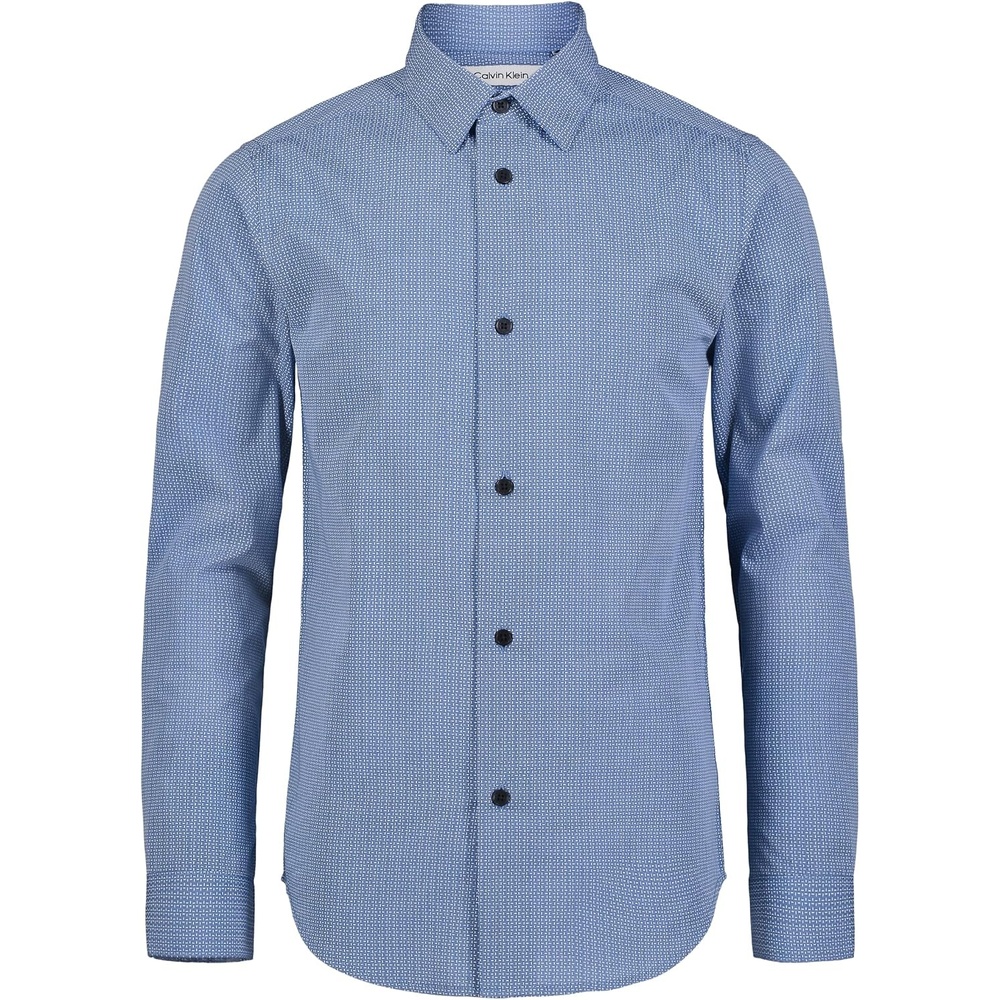 image:imageCalvin Klein Boys Long Sleeve Patterned Dress Shirt ButtonDown Style with Cuffs amp Shirttail HemDark Blue
