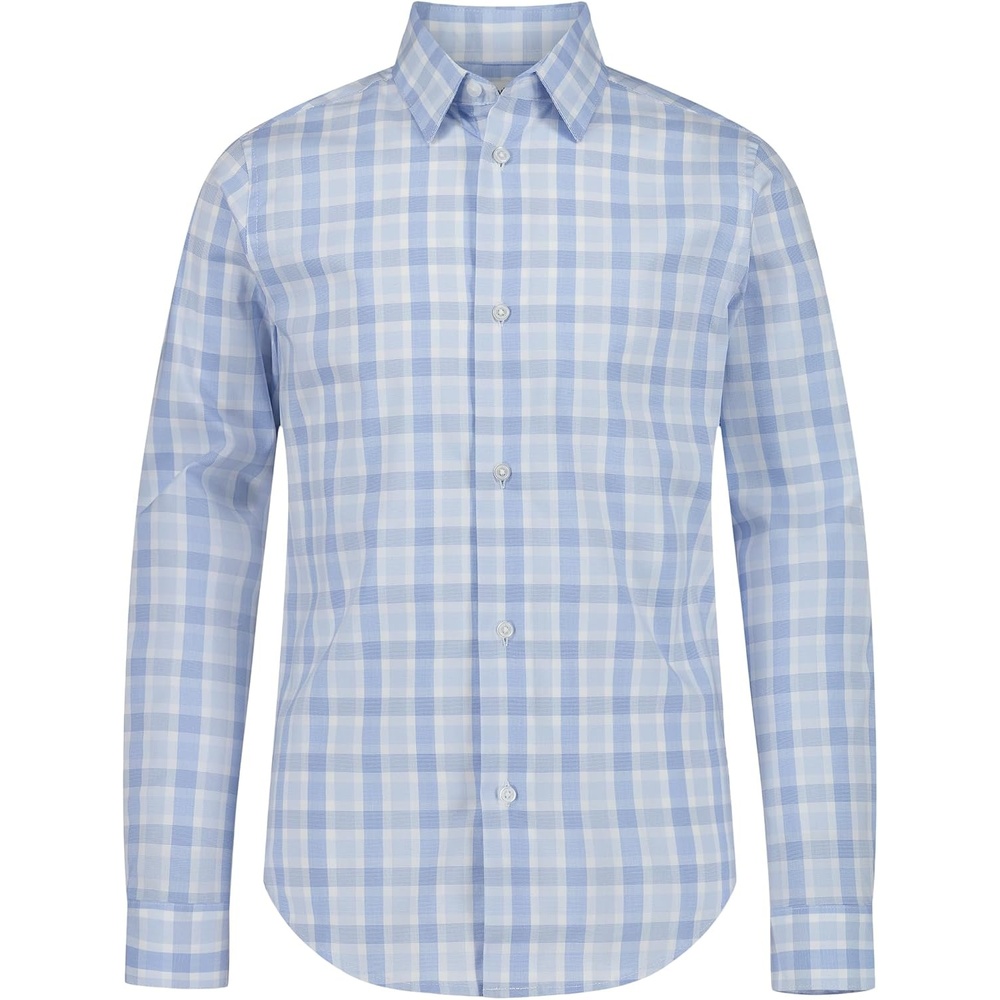 image:imageCalvin Klein Boys Long Sleeve Patterned Dress Shirt ButtonDown Style with Cuffs amp Shirttail HemLight BlueWhite Plaid