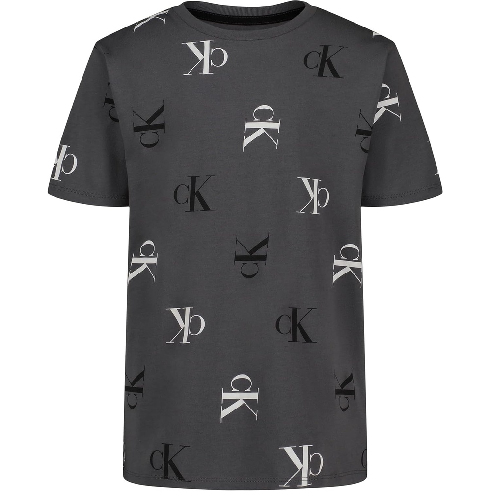 image:imageCalvin Klein Boys Short Sleeve Fashion Print Crew Neck TShirt Comfortable Relaxed FitAngled Ck Aop Iron Gate