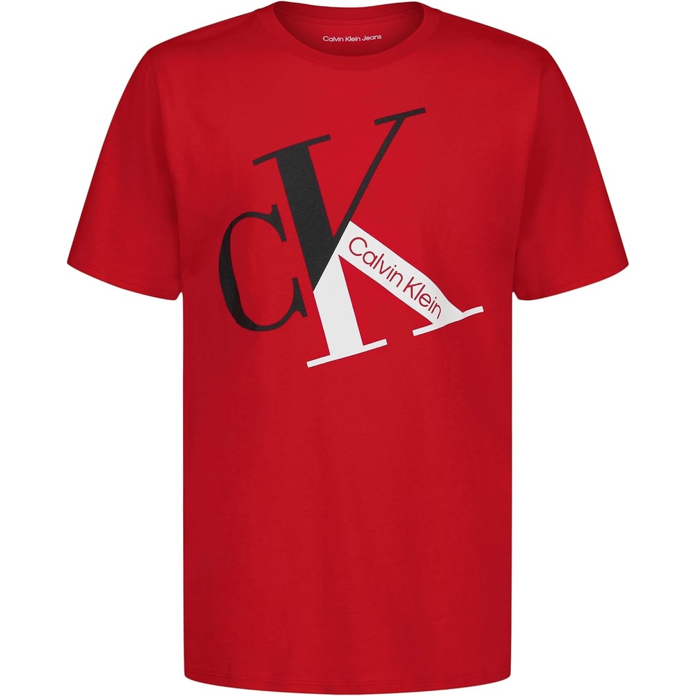 image:imageCalvin Klein Boys Short Sleeve Graphic Crew Neck TShirt Comfortable Relaxed FitAngleblocked Racing Red