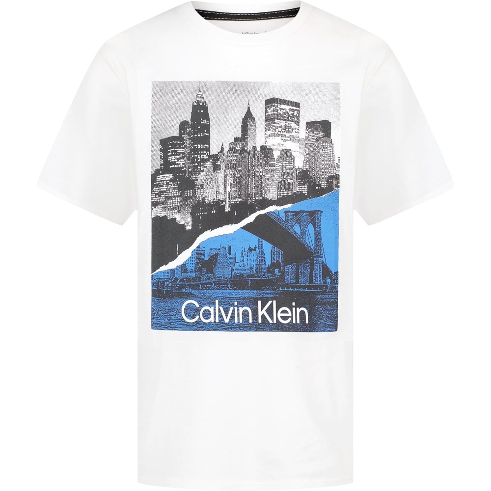 image:imageCalvin Klein Boys Short Sleeve Graphic Crew Neck TShirt Comfortable Relaxed FitCity Print WhiteBlue