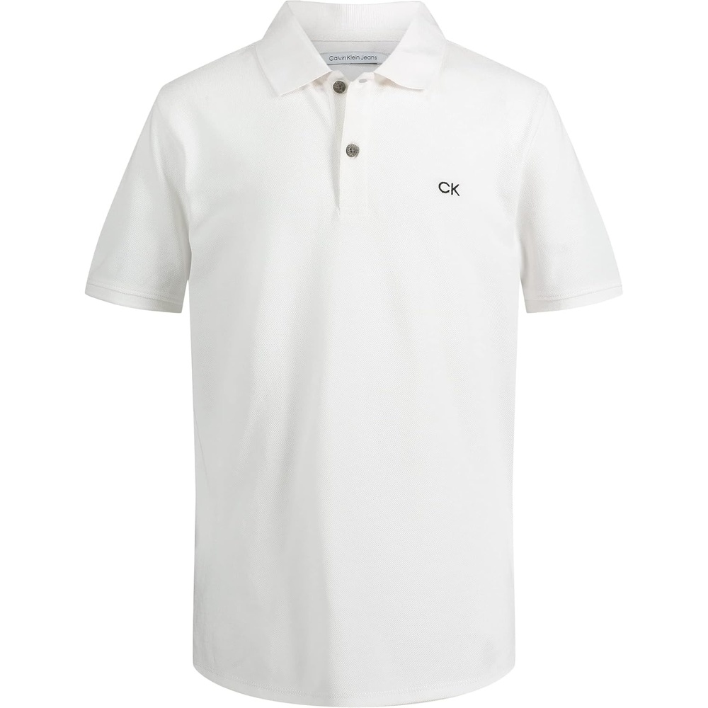 image:imageCalvin Klein Boys Short Sleeve Micro Pique Solid Polo Button Closure Soft amp ComfortableClassic White
