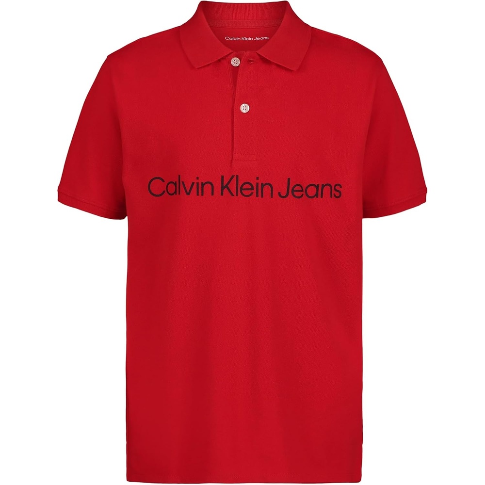 image:imageCalvin Klein Boys Short Sleeve Micro Pique Solid Polo Button Closure Soft amp ComfortableClean Logo Racing Red