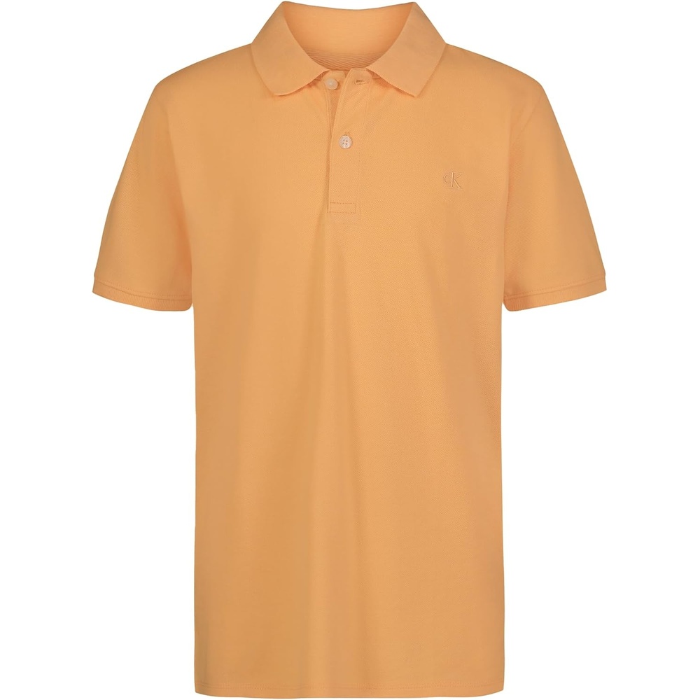 image:imageCalvin Klein Boys Short Sleeve Micro Pique Solid Polo Button Closure Soft amp ComfortablePeach Cobbler