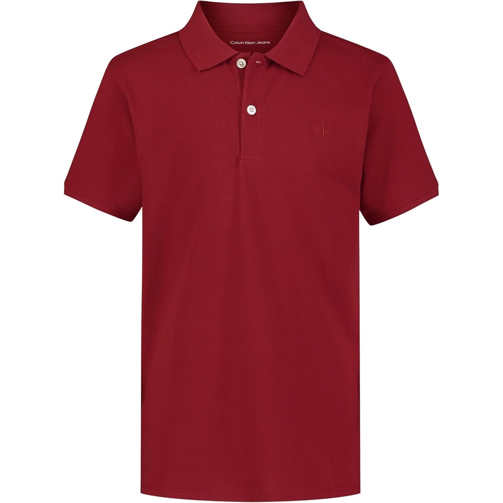 image:imageCalvin Klein Boys Short Sleeve Micro Pique Solid Polo Button Closure Soft amp ComfortableRed Dahlia