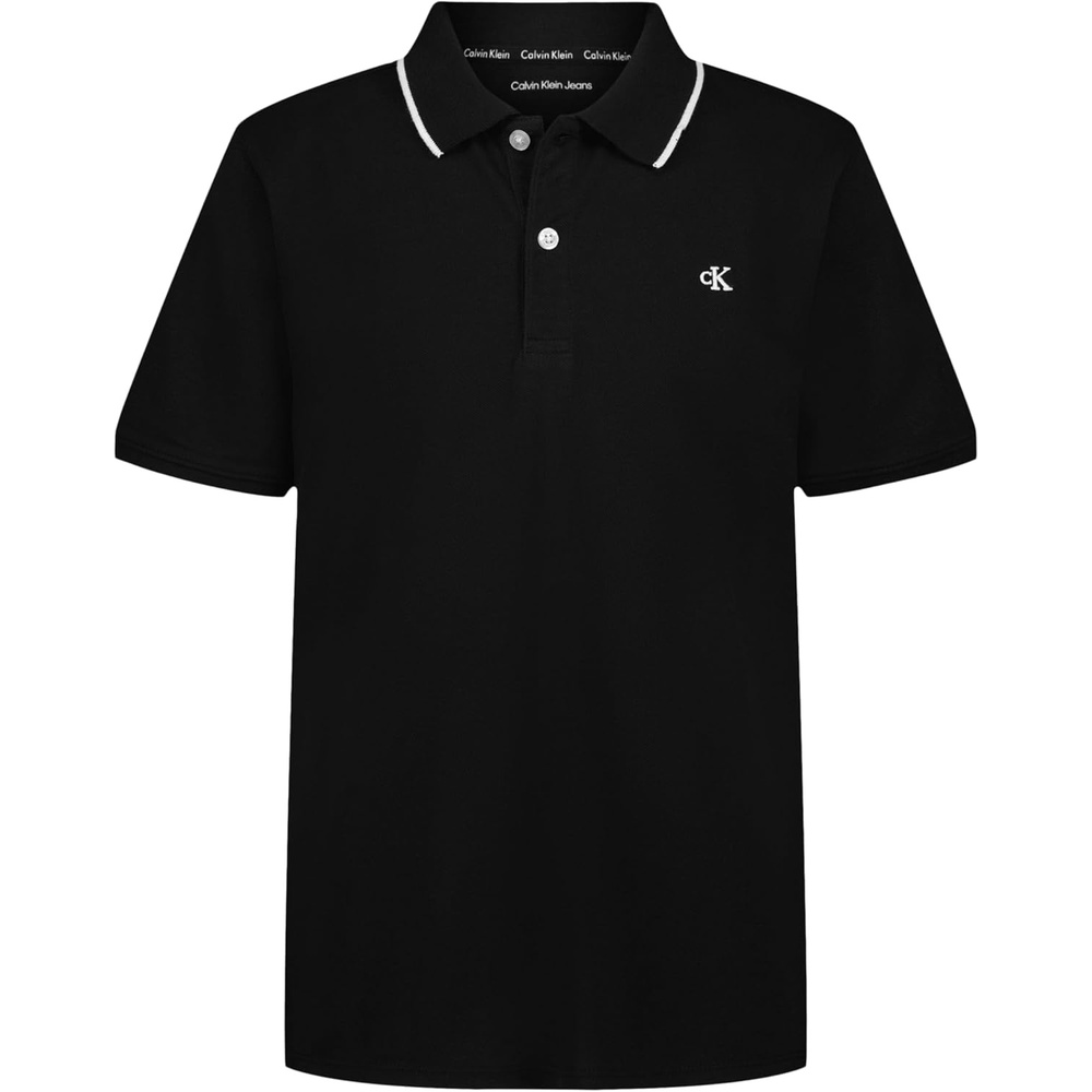image:imageCalvin Klein Boys Short Sleeve Micro Pique Solid Polo Button Closure Soft amp ComfortableTipped Black