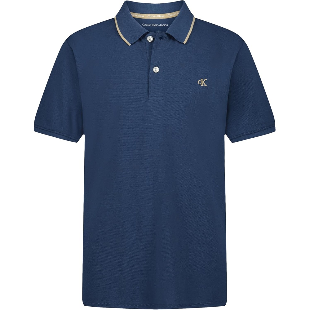 image:imageCalvin Klein Boys Short Sleeve Micro Pique Solid Polo Button Closure Soft amp ComfortableTipped Ensign Blue