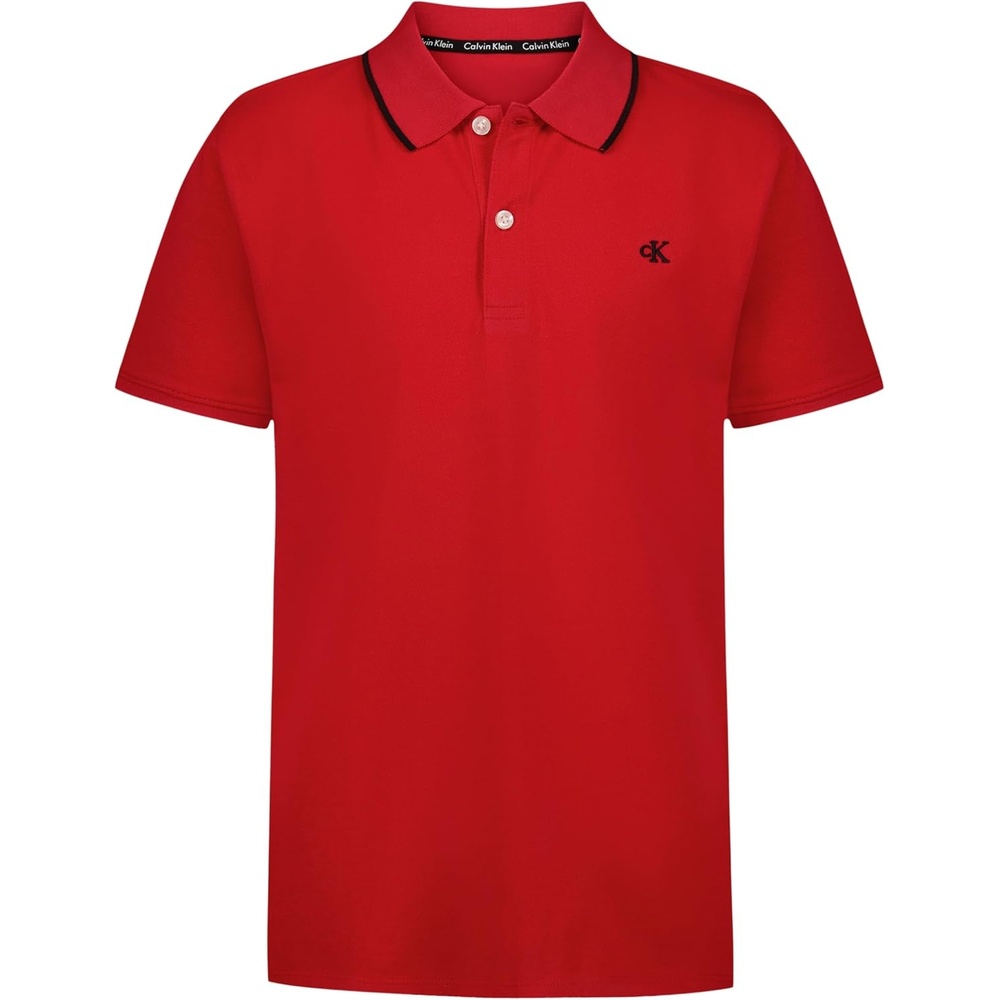 image:imageCalvin Klein Boys Short Sleeve Micro Pique Solid Polo Button Closure Soft amp ComfortableTipped Racing Red