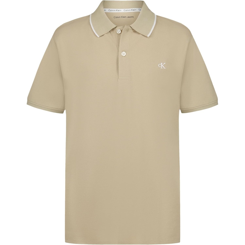 image:imageCalvin Klein Boys Short Sleeve Micro Pique Solid Polo Button Closure Soft amp ComfortableTipped White Pepper