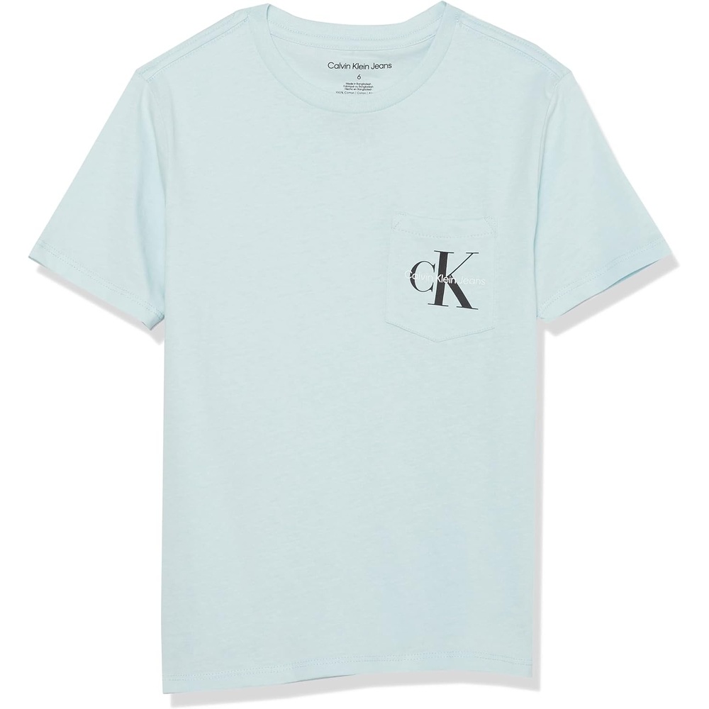 image:imageCalvin Klein Boys Short Sleeve Pocket Logo Crew Neck TShirt Soft Comfortable Relaxed FitIce Blue Gb49